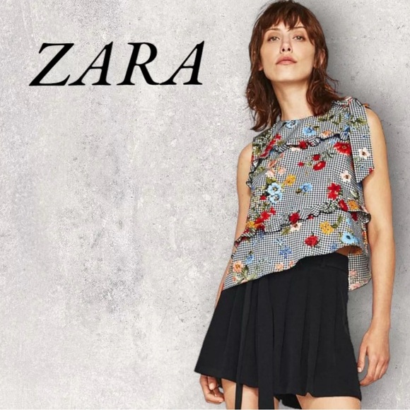 Zara Womens Black White Gingham Floral Asymmetrical Bow Cotton Summer Top size M - Picture 3 of 3